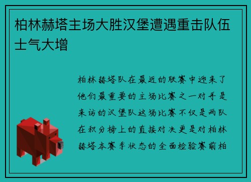 柏林赫塔主场大胜汉堡遭遇重击队伍士气大增