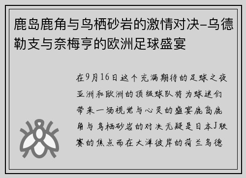 鹿岛鹿角与鸟栖砂岩的激情对决-乌德勒支与奈梅亨的欧洲足球盛宴