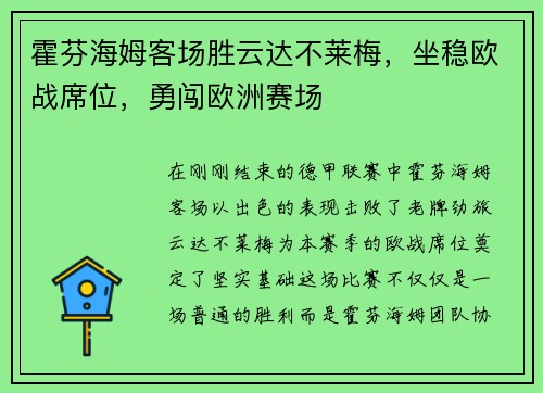 霍芬海姆客场胜云达不莱梅，坐稳欧战席位，勇闯欧洲赛场