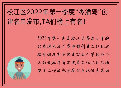 松江区2022年第一季度“零酒驾”创建名单发布,TA们榜上有名！