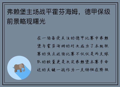 弗赖堡主场战平霍芬海姆，德甲保级前景略现曙光