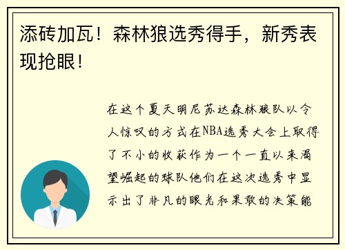 添砖加瓦！森林狼选秀得手，新秀表现抢眼！