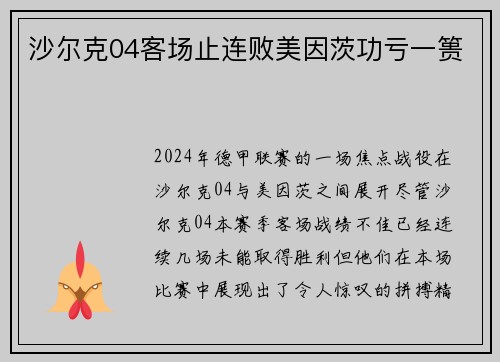 沙尔克04客场止连败美因茨功亏一篑